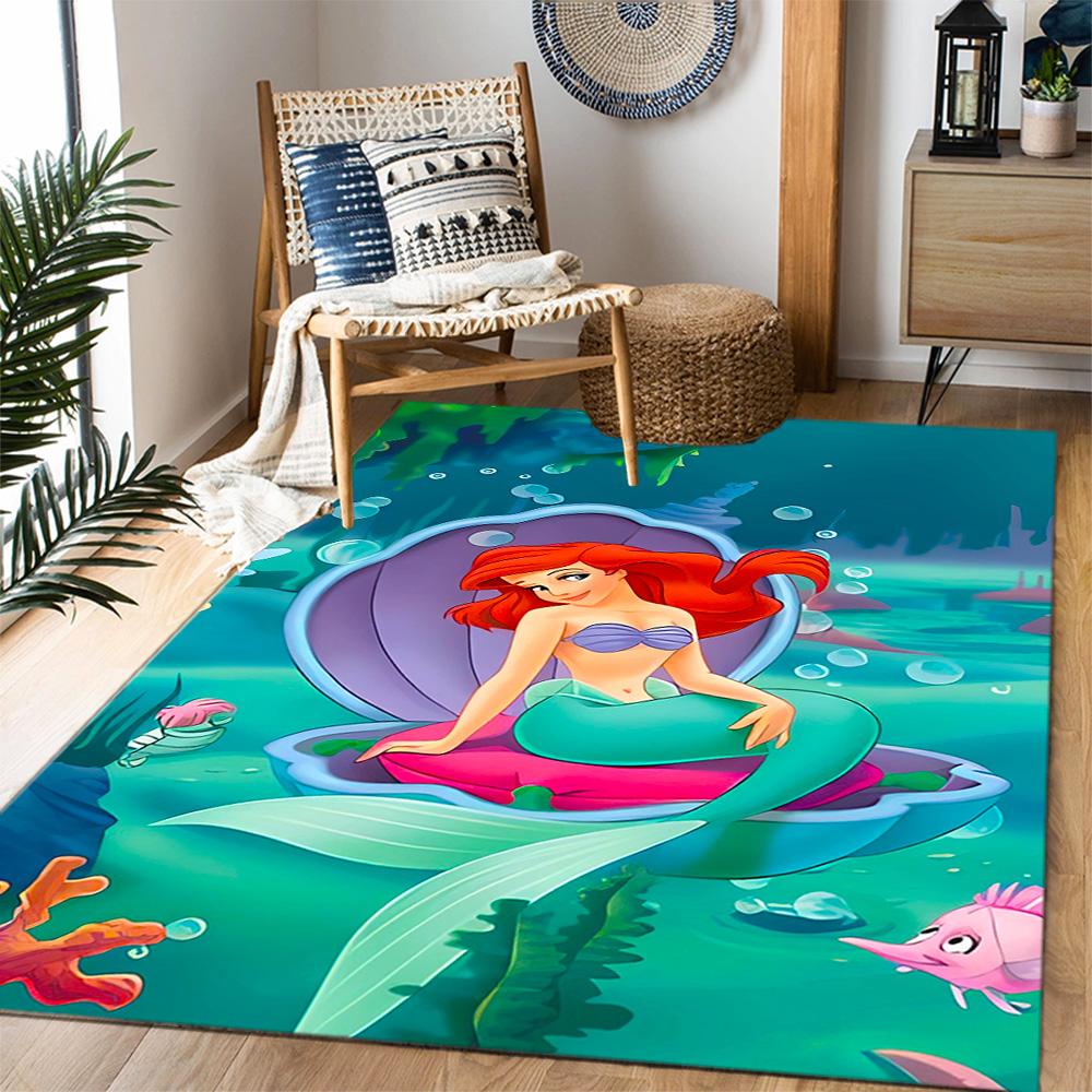 Underwater Mermaid Adventure Disney Cartoon Theme Anti-Slip Rug - Polyester, Home Decor, Suitable for Bedrooms, Living Rooms, Doorways, and Studios