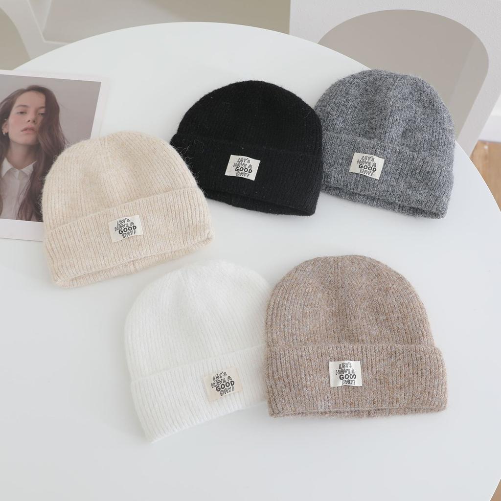 Simple Letter Pattern Labeling Knitted Hat for Women In Autumn and Winter New Thickened Warm and Cold Hat Showing Face Small Ear Protection Hat