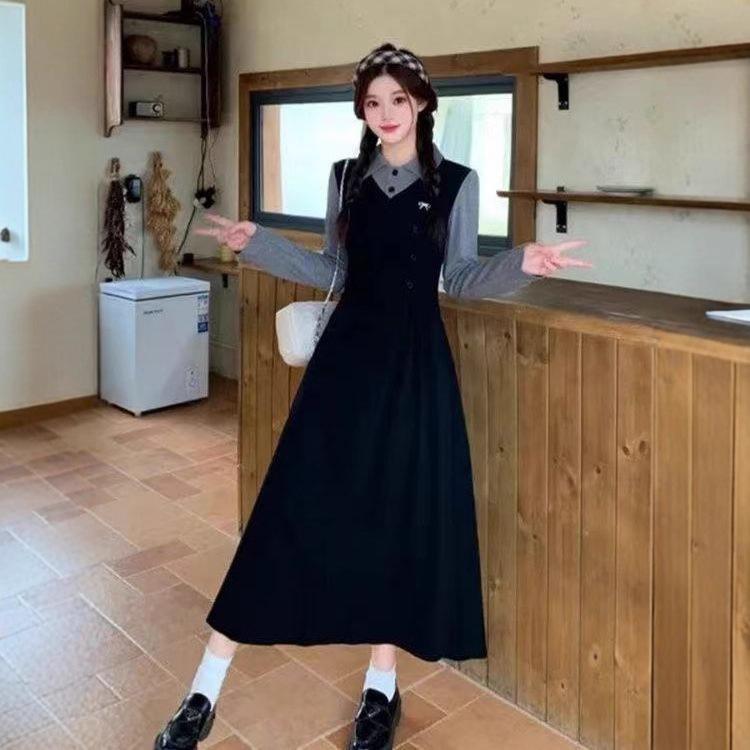 French retro college style dress women's autumn new high-end POLO collar waist slim skirt