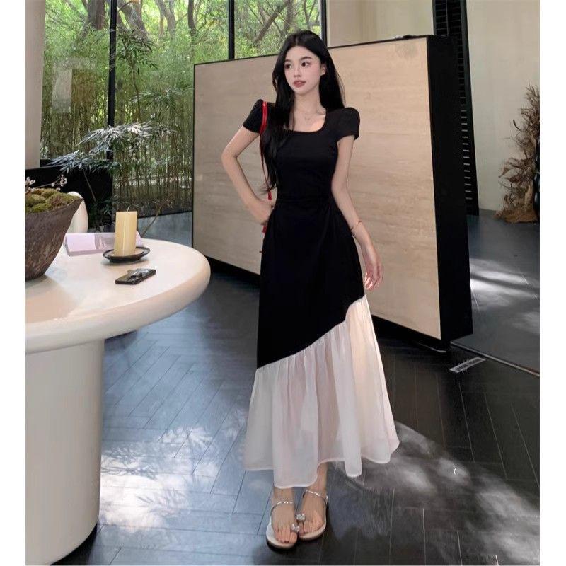 Plus Size Hepburn Style Color Block Summer Dress - Short Sleeve, Waist Slimming, Patchwork Design.