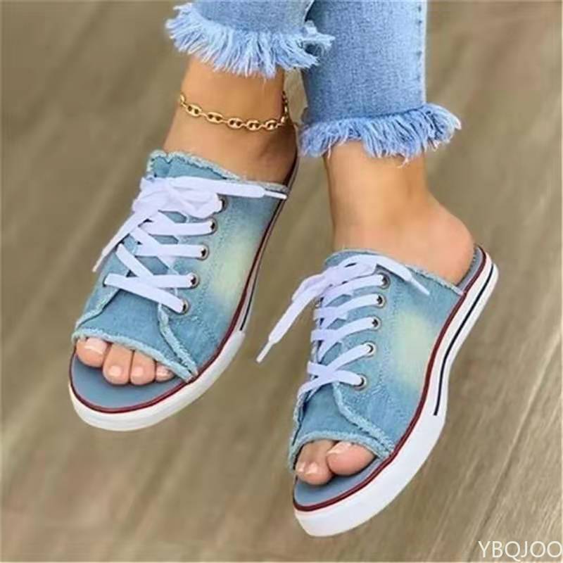 2026 Fashi Women Canvas Sandals Breathable  Slippers Lace Up Open Toe Ladies Faux Denim Flat Shoes Zapatos Mujer