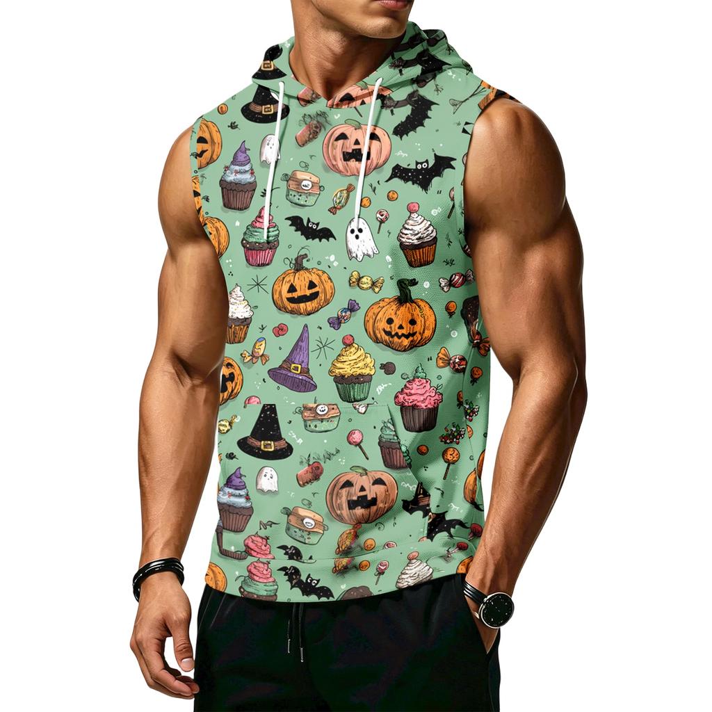 Men's Halloween Print Hooded Tank Top Casual Sleeveless Vest with Pockets Drawstring
