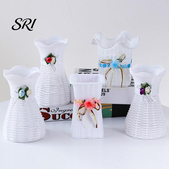 Modern Flower Vase Woven Faux Rattan for Flowers Plastic Weaving Texture Indoor Small Decorative Living Room Farmhouse Entryway Home Decor Dried