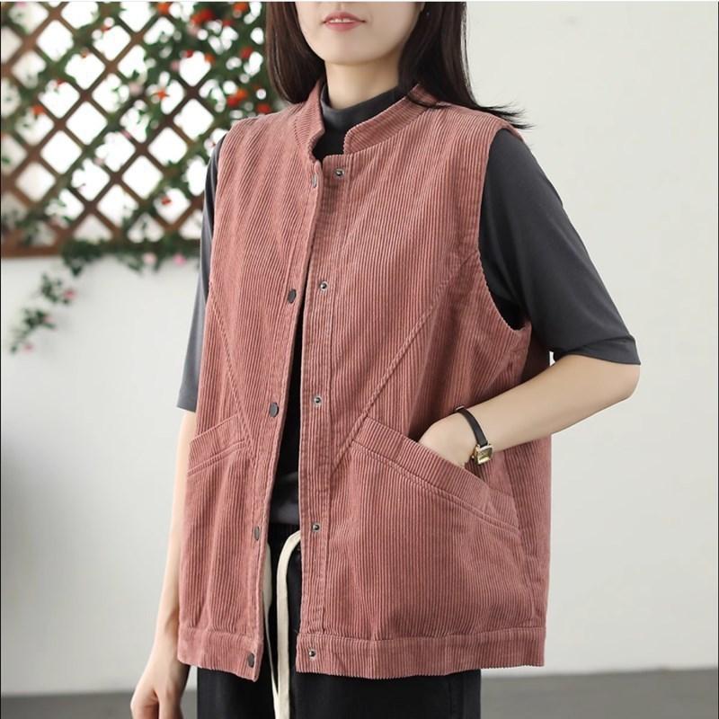 Retro Corduroy Vest Women's Spring and Autumn Outerwear Literary Casual Versatile Loose Sleeveless Vest Jacket Collar Single Breasted Sleeveless Vest