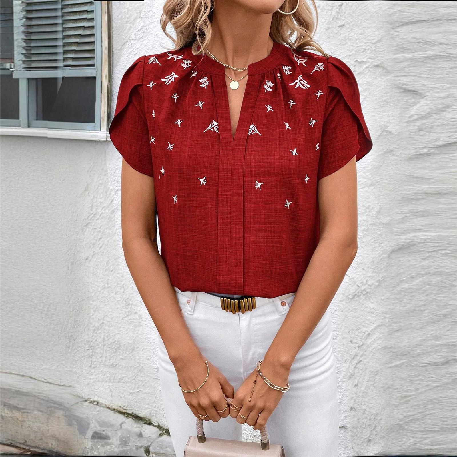 

Женский плиссированный пуловер с V-образным вырезом и короткими рукавами S винный