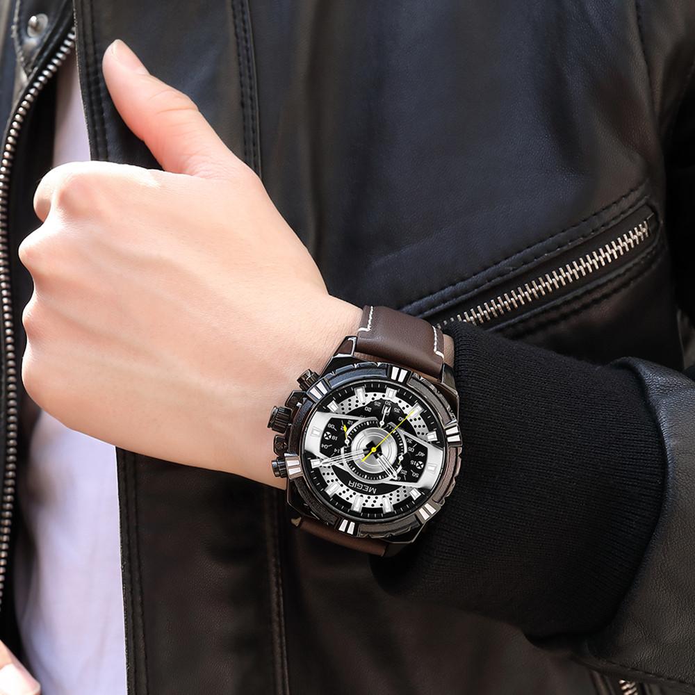 New Watches Men Luxury Brand MEGIR Chronograph Men Sports Watches Waterproof Leather Quartz Men's Watch Relogio Masculino
