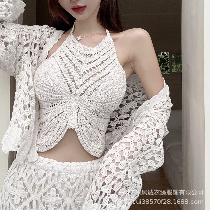 Be careful with the machine versatile vacation women's summer new suspender hollow crochet embroidery short vest women