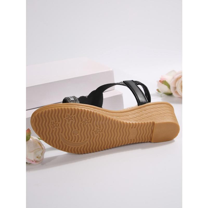 Cross-border Trade Women's Rhinestone Wedge Sandals, European and American Style, Peep-toe Open-toe Elastic Band Casual Beach Sandals