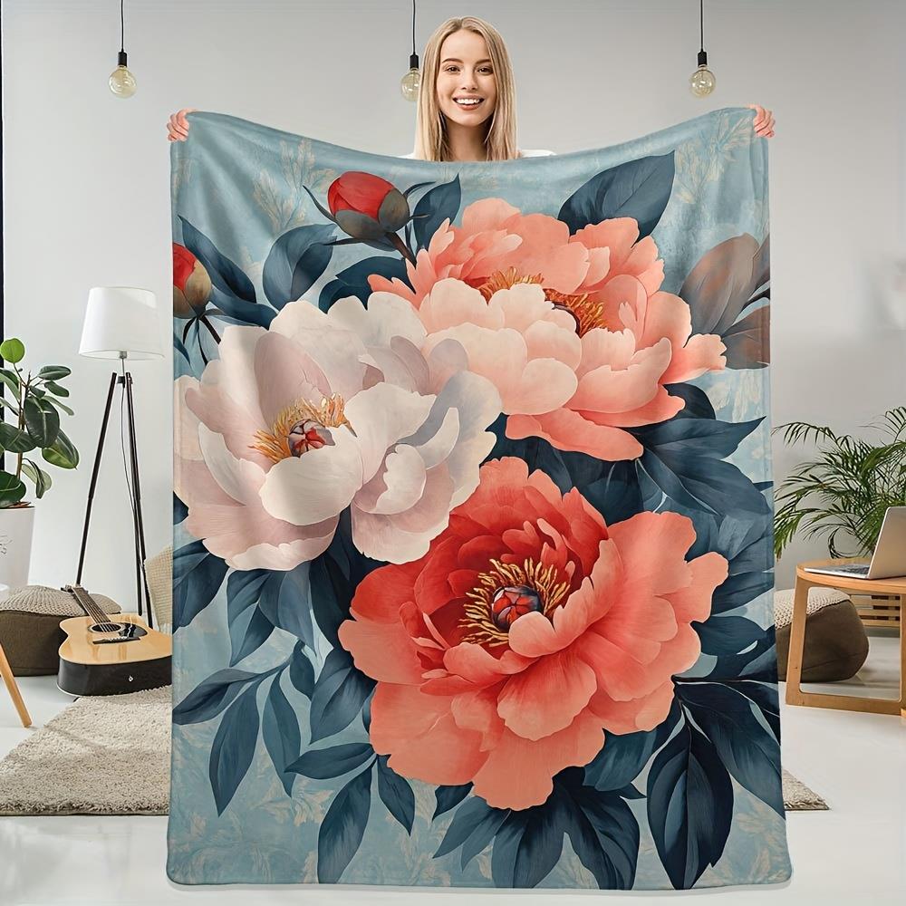 

Elegant peony flower pattern Flannel printed blanket suitable for all seasons suitable for living room office sofa and travel 75x90cm