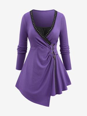 Rosegal Nadměrná velikost Řetízkový pletený šněrovací krajkový asymetrický řasený T-shirt