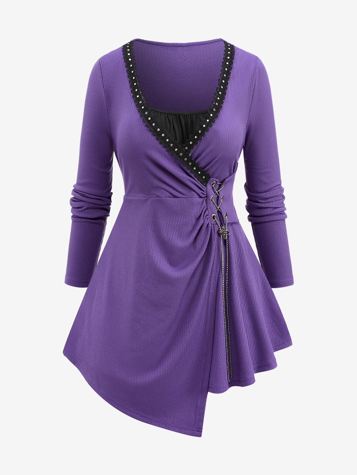 

Rosegal Plus Size Chain Braided Lace-up Trim Asymmetrical Ruched T Shirt L фиолетовый