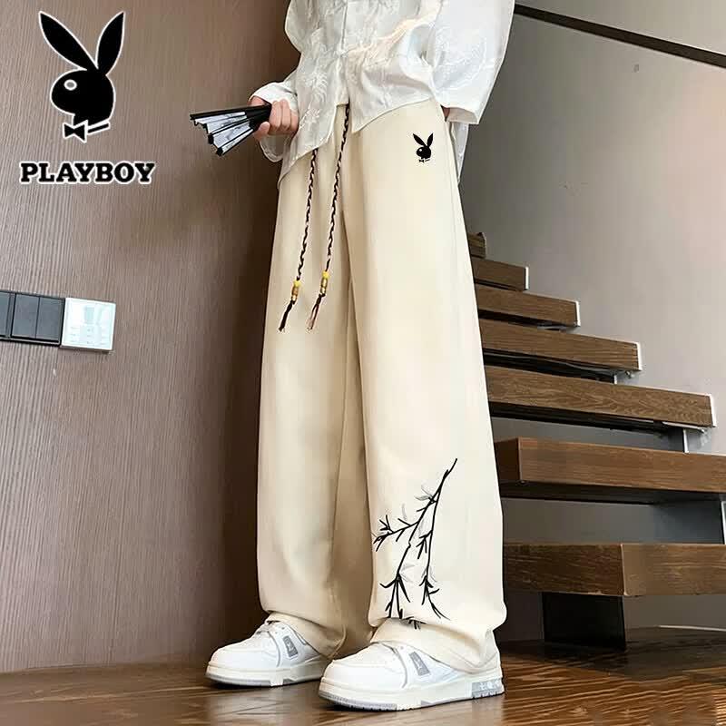 PLAYBOY Summer Ice Silk Chinese Style Embroidered Straight-Leg Pants XL рис белый