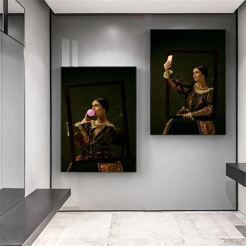 Funny Woman Selfie Canvas Painting Portrait of Bubble Gum Posters and Prints Wall Art Picture for Living Room Wall Decor Cuadros