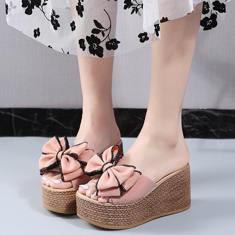 Fashion 2025 Women's High-heeled Slippers Slope Heel Bow Summer Slippers Comfortable and Elegant Thick-soled Women's Shoes Large Size