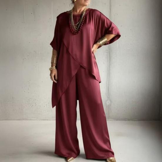 Damen 2-teilige Satin-Outfits Halbarm Asymmetrischer Saum Oberteil Weite Hosen Sets Sommer Lockere Lounge-Sets