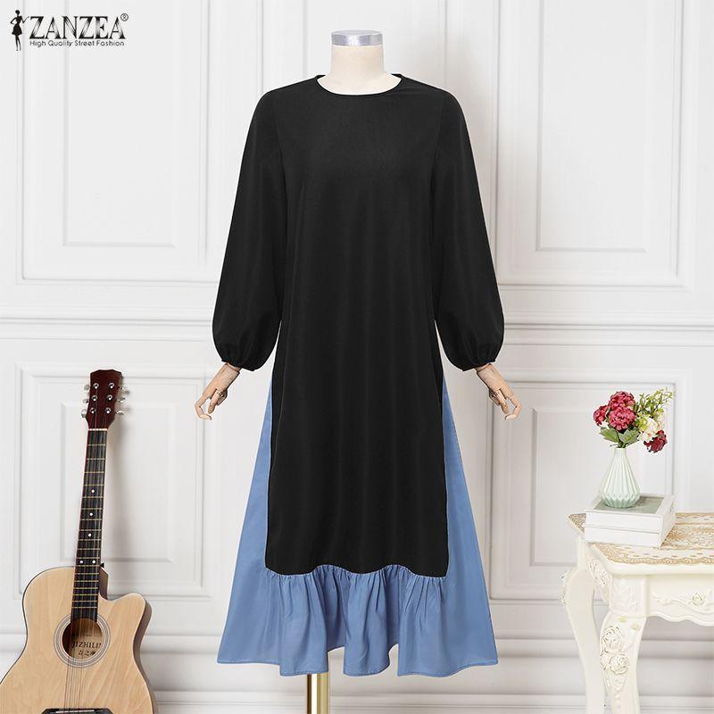 ZANZEA Women Casual Round Neck Long Sleeve Patchwork Long Dress