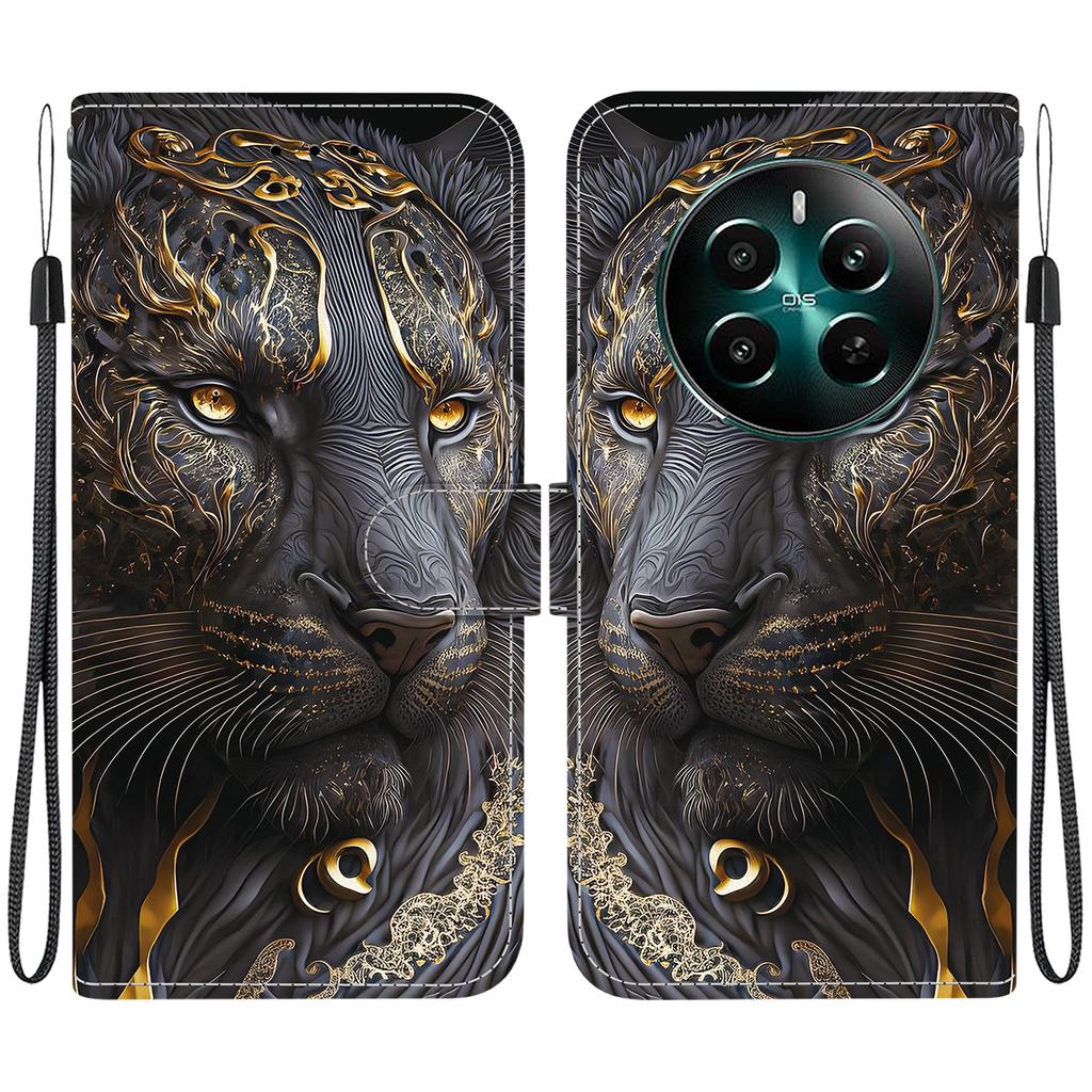 Handmade PU Leather Flip Case for Realme 12+ /Realme 12 Plus Anti-Slip Shockproof Cover with Wrist Strap & Heart/Rose Cat Designs