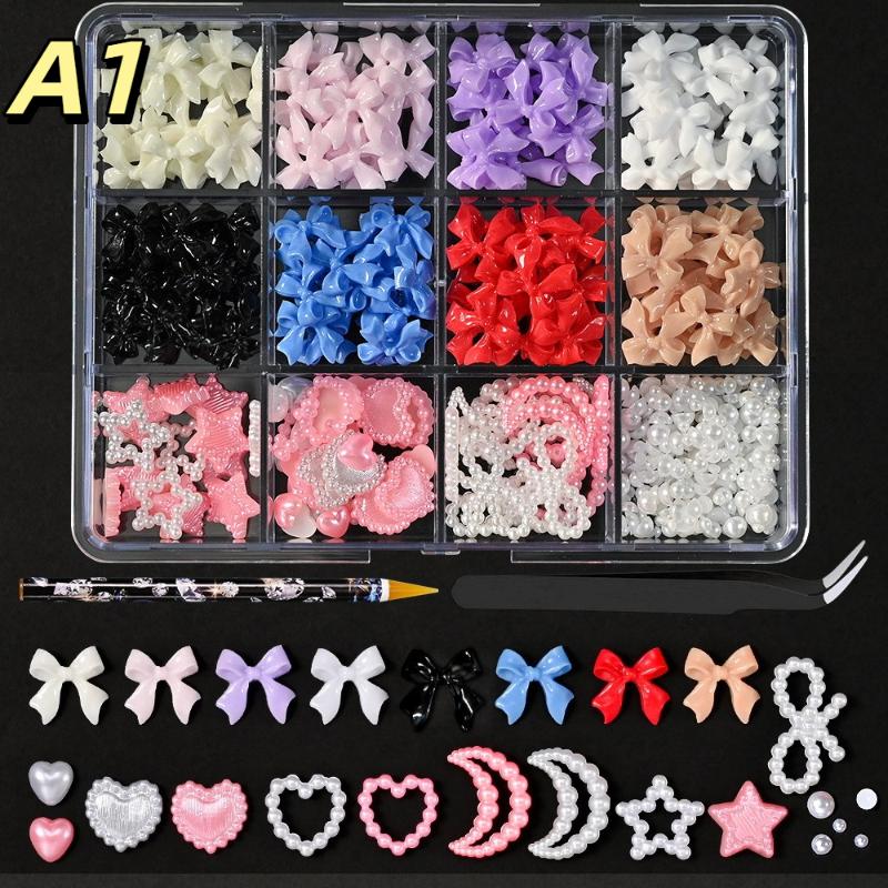 12/15 Grids/Box Mixed Resin Bowknot Nail Charms 3D Colorful Bow  Nail Art Decorations Diy Manicure Parts With Tools