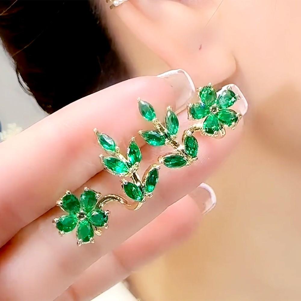 925 Silver Needle Green Flower Earrings For Women Korean Fashion Jewelry Trending Luxury Zircon Leaf Women's Stud Earrings