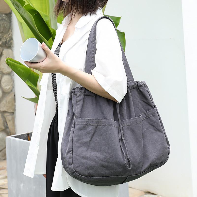 

IELGY Японская повседневная сумка на шнурке, модная однотонная женская сумка через плечо из потертого холста в стиле ретро серый