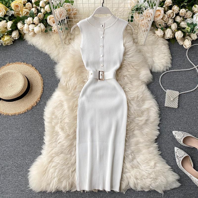 European and American stand-up collar breasted slim-fitting and thin elastic knitted vest skirt waist and thin medium and long hip-wrapped bottoming