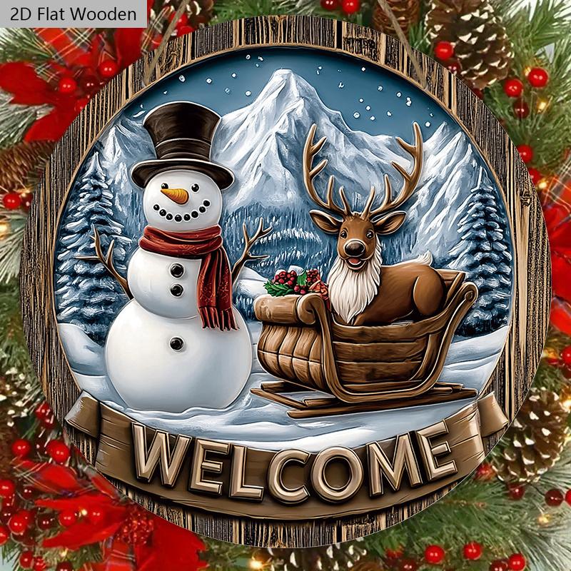 Christmas Wooden Welcome Sign with Snowman & Elk Pattern - Navidad Round Sign for Front Door, Wall Hanging Decor - Ideal Christmas Ornament
