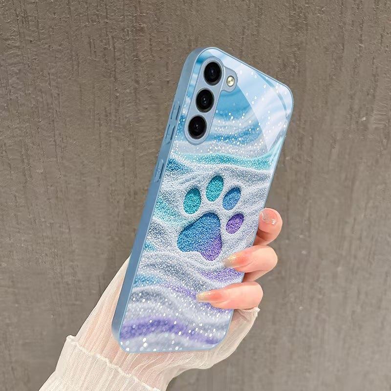 Pastel Glitter Cat Paw Fashion Phone Cases Carcasa Glass Phone Case Fundas for Samsung Galaxy S26 S25 S24 S23 S22 FE Ultra Plus
