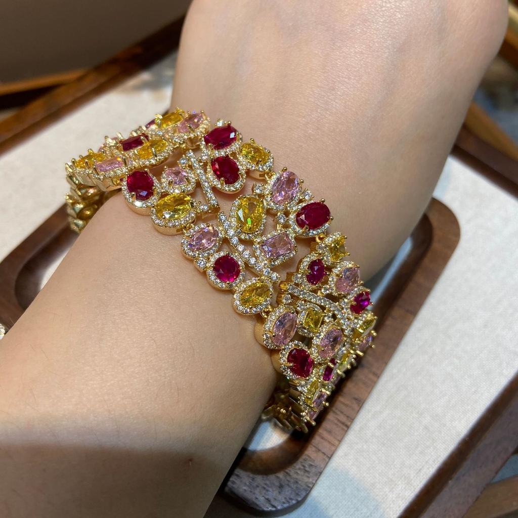 Wide Version Luxury Heavy Industry Water Drop Gem Bracelet, Gold-Plated, Rich Woman Feeling Boutique Inlaid Colored Treasure Jewelry