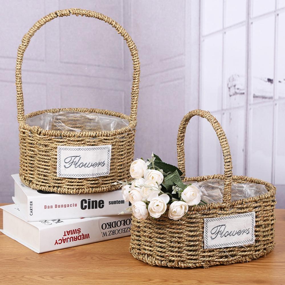 Easy To Carry Retro Handheld Flower Basket Straw Weave Flower Basket High Quality Home Decoration