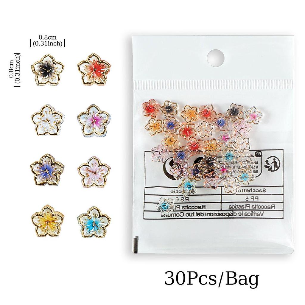 30Pcs 8mm 3D Mini Flower Nail Art Charms, Golden Edge Floral Decoration Nail Accessories for Spring & Summer DIY Manicure Accessories