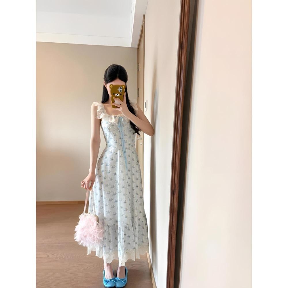 

Женское летнее новое синее отпускное кружевное универсальное платье с талией, цветочное платье на бретелях XL- (recommended 110-60kg)