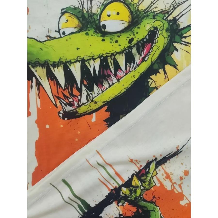 Tričko s krátkým rukávem a kulatým výstřihem a vzorem krokodýla v komiksovém stylu s motivem barvy a stop po něm, ležérní a elegantní topy pro muže v letním pouličním oblečení