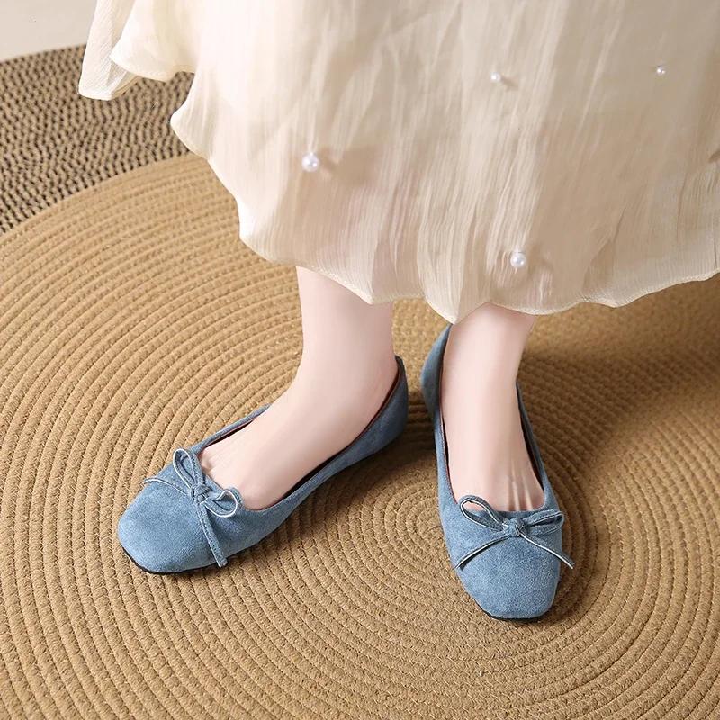 Übergröße 43 Damen Slipper Wildleder Runde Zehenpartie Süße Schleife Slip-on Ballerinas Elegante Damen Schlanke Ballerinas Flache Schuhe