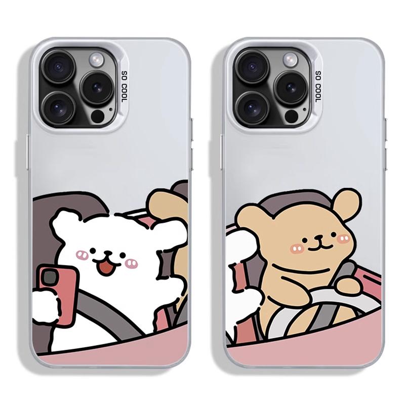 Electroplate Silver IMD Case for IPhone 11 12 13 14 15 16 Pro Max X XS XR SE2 7 8 Plus Cute Drive Dogs Couple Paired Phone Cover