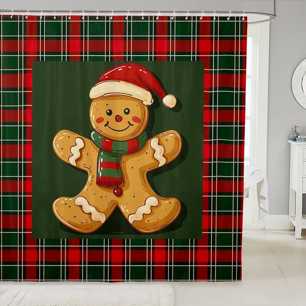 Merry Pink Christmas Shower Curtain,Cartoon Gingerbread Man Bathroom Curtain,Snowflakes Candy Fabric Shower Curtains,Happy New