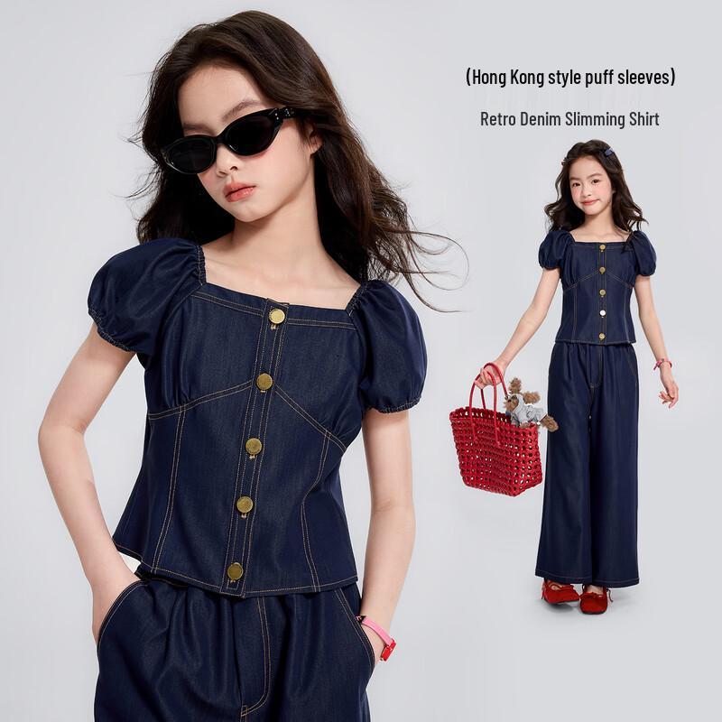 Girls  Retro Denim Puff Sleeve Short-Sleeve Top 150