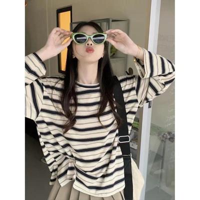 Early Autumn New Korean Version Loose Striped Long-sleeved T-shirt for Women Ins Internet Celebrity Students Versatile Thin Top