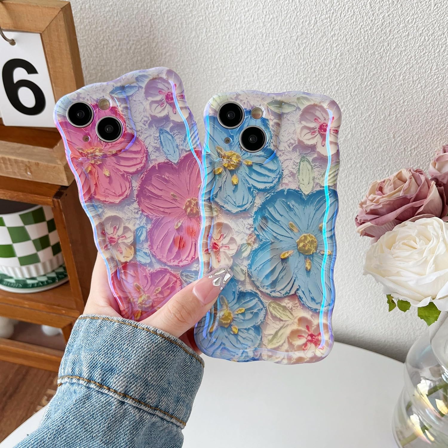 Caseative for iPhone 13 Case, Retro Oil Painting Flower Floral Pattern Compatible with iPhone Case (Pink Red,iPhone 13)
