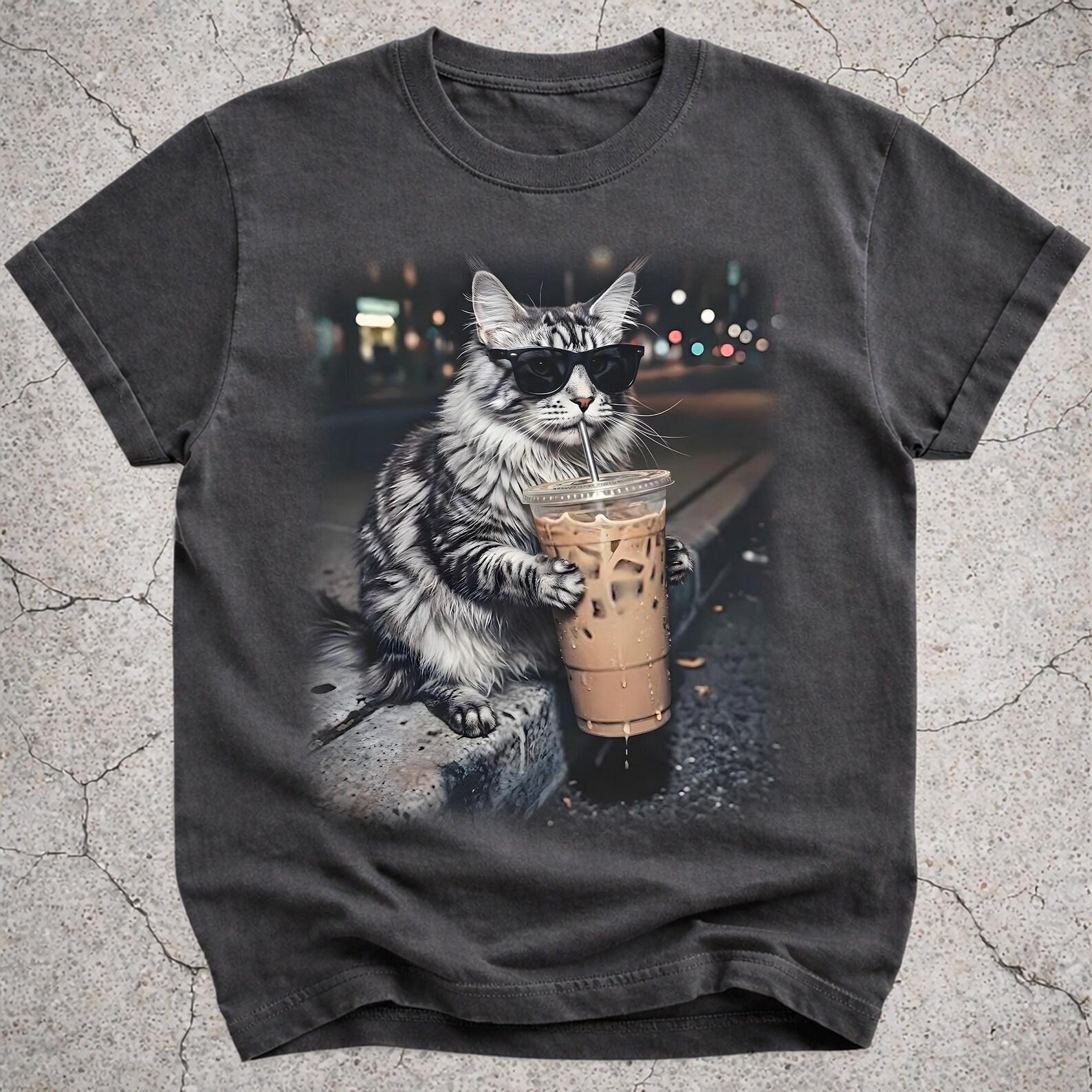 Funny Maine Coon Drinking Iced Coffee Shirt, Funny Cat Meme Tee, Vintage Photo T-Shirt, Coffee Lover Gift, Cat Owner Shirt XL