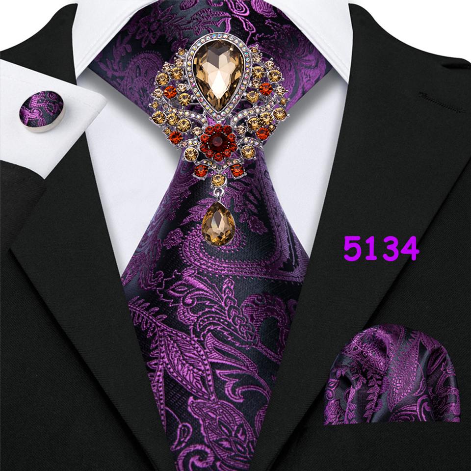 Purple Ties with Brooch Hanky Cufflink for Men Paisley Plaid Silk Necktie Jacquard Woven Wedding Set