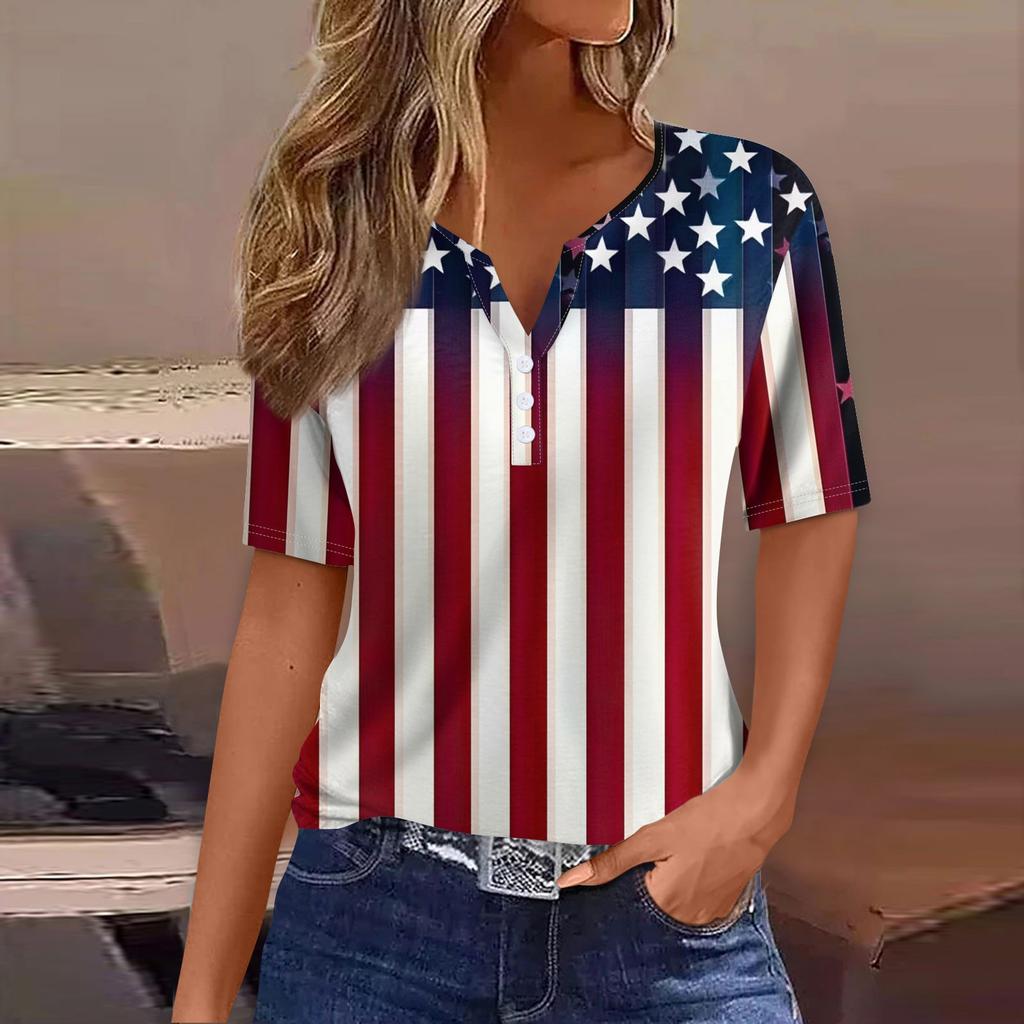 Women's T Shirt Tee Independence Day Print Button Short Sleeve Daily Weekend Fashion Basic V-Neck Regular Top