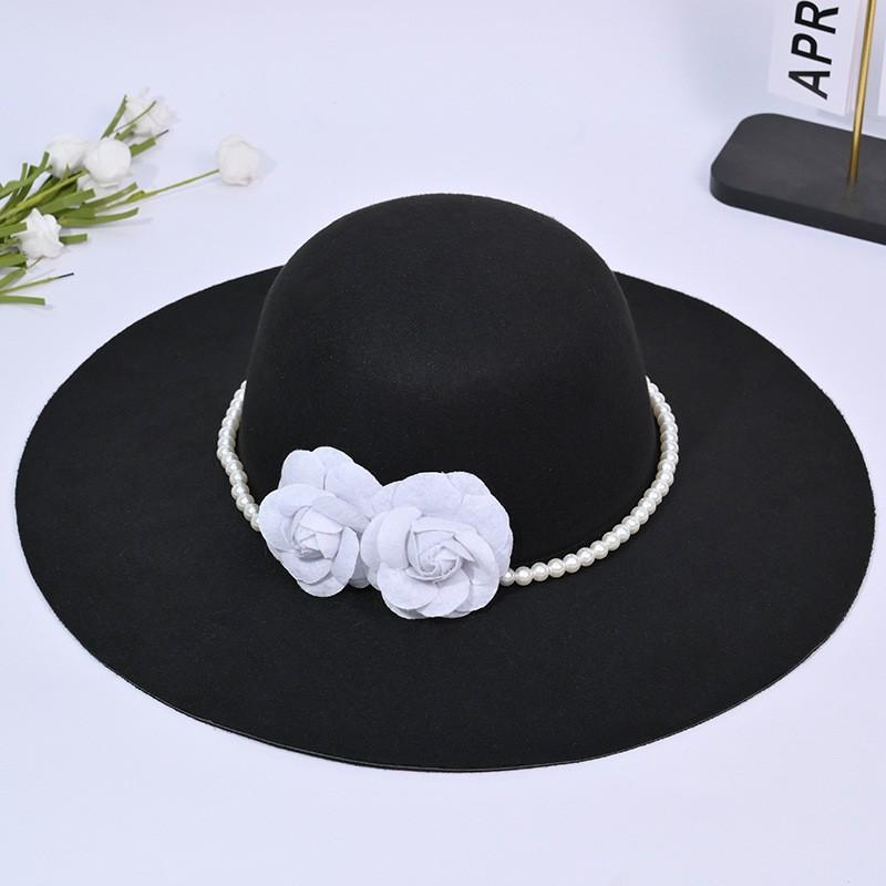 Autumn and Winter Hat Women's Bowler Hat Pearl Flower Big Brim Felt Jazz Hat