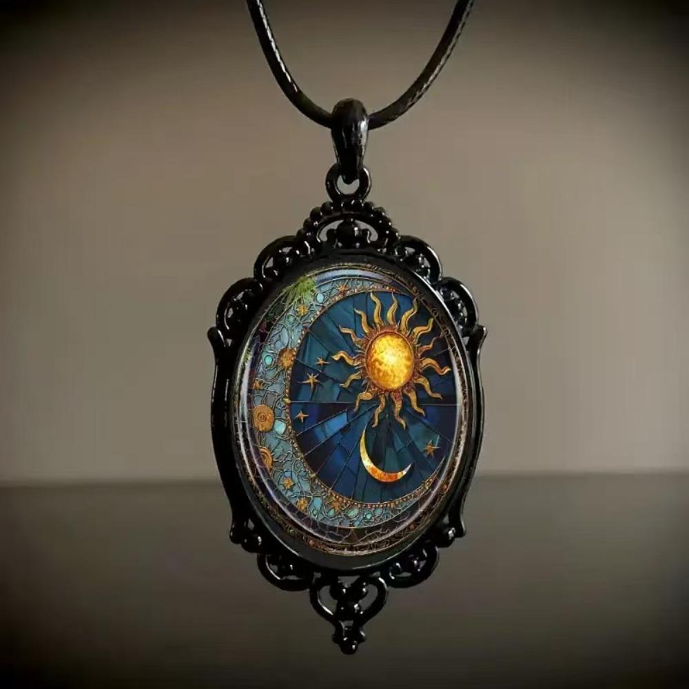 Vintage Gothic Glass Pendant Necklace Sun Moon Style Charm Necklace  Jewelry Accessories