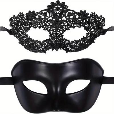 2pcs Elegant Black Lace Masquerade Mask Set for Couples - Perfect for Venetian Party, Mardi Gras, and Halloween Celebrations