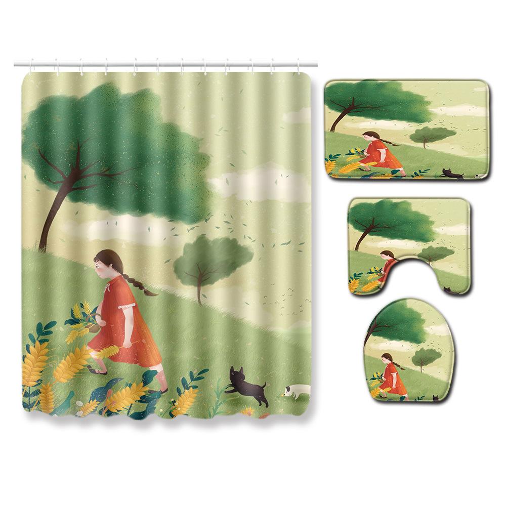 Fashion Textured Bathroom Shower Curtain Floor Mat Toilet Cover Foot Mat Four-Piece Set