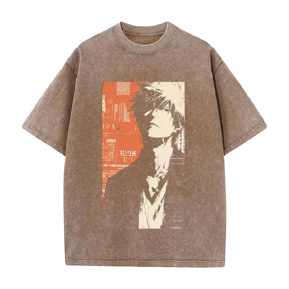 Ichigo Kurosaki BLEACH Anime Outfit Unisex Locker geschnitten Kurzarm Gewaschenes Vintage Baumwoll-T-Shirt