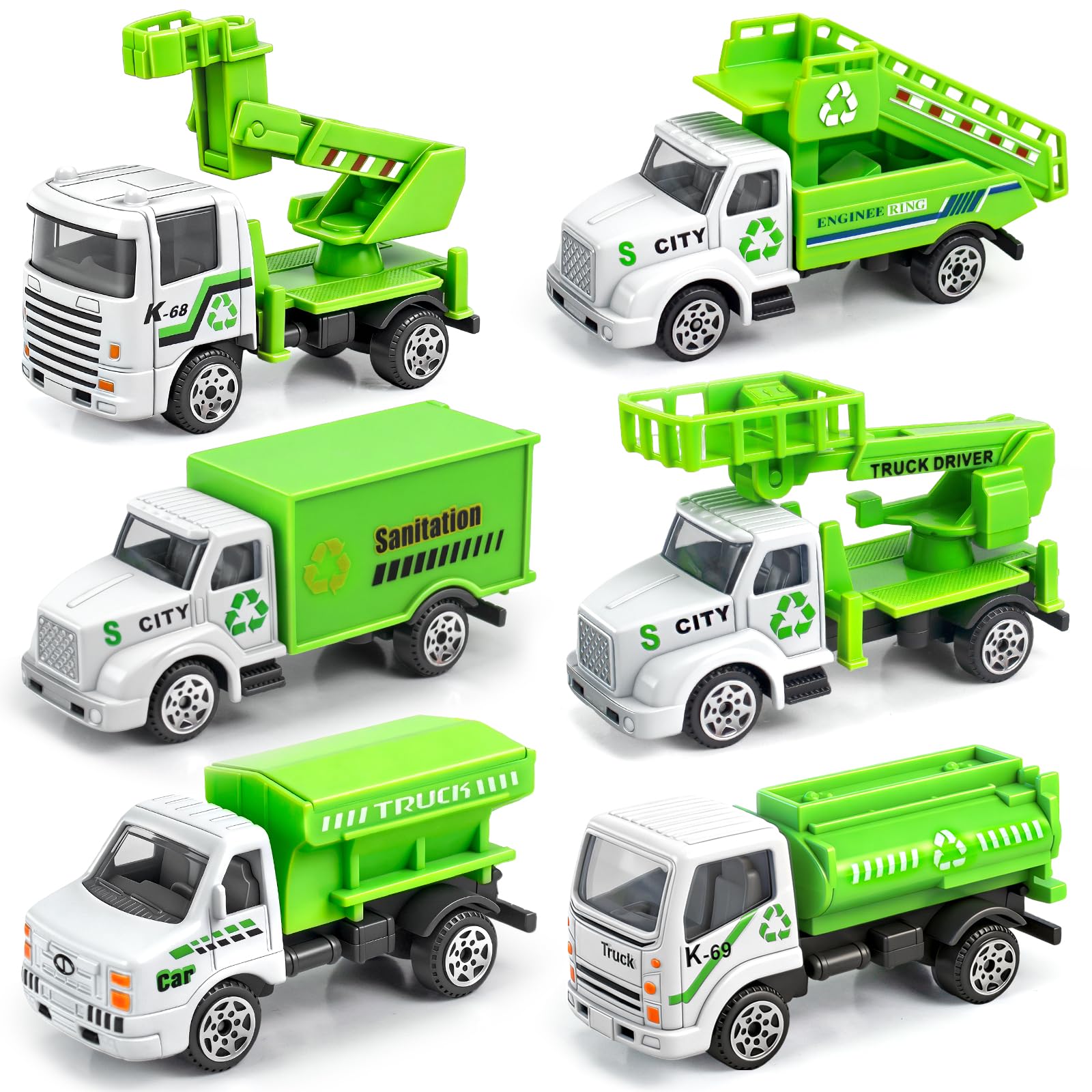 6 Pack Diecast Cars Toys Easter Basket Stuffers, Mini Alloy Garbage Truck Toys Trash Truck Kids Play Vehicles Set