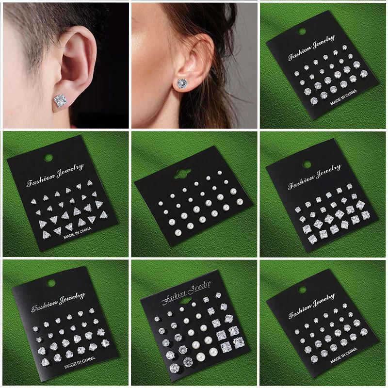 12 Pairs of Zircon Pearl Stud Earrings Set Simple and Versatile Earrings