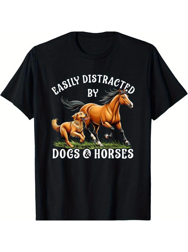 Vintage Graphic 100 Cotton TShirt Easily Distracted By Dogs And Horses Summer L