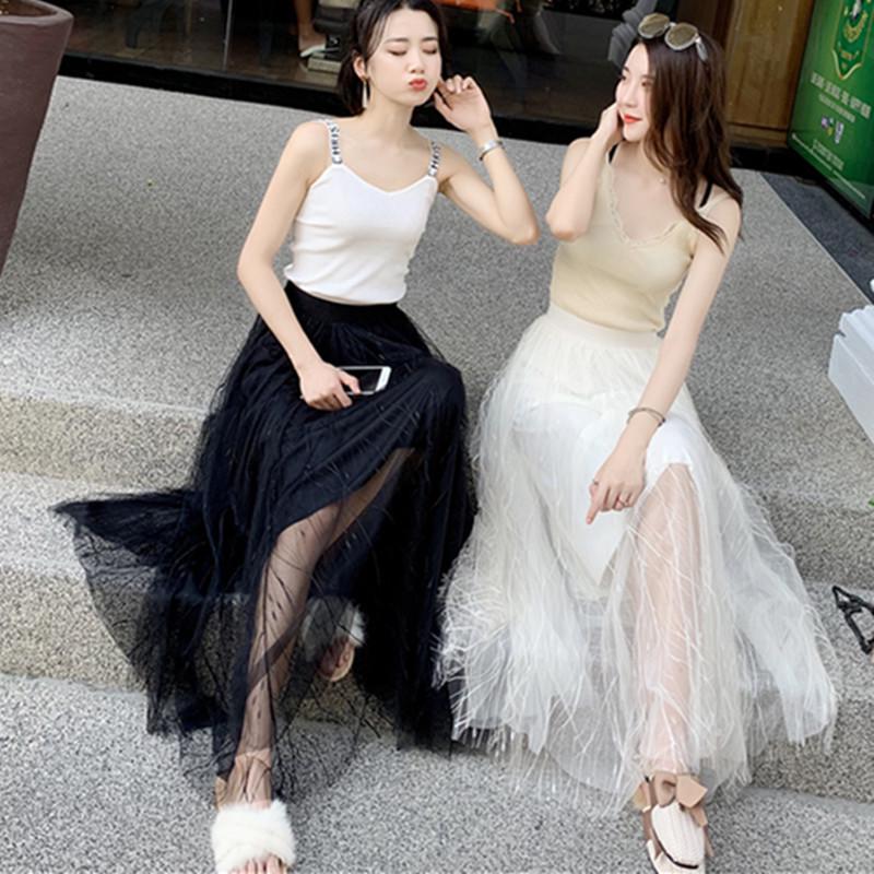 Women's High Waist Black Mesh A-line Midi Tulle Skirt